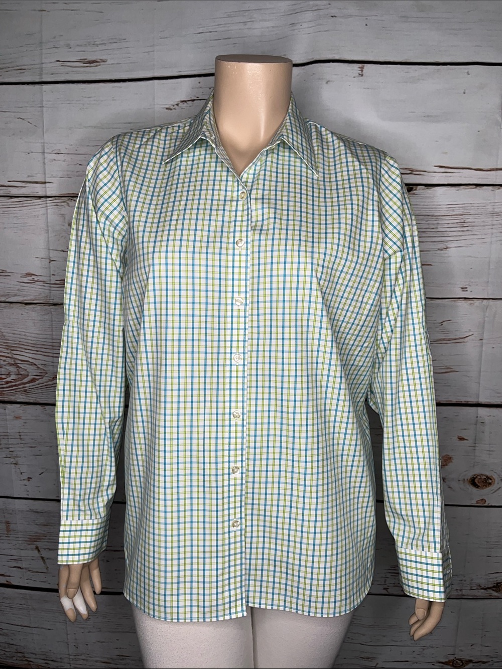 Lands’ End 20W Green & Blue Plaid No Iron Pinpoint Oxford Button Down Shirt Top